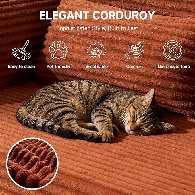 136″ Cloud Modular Sectional Sofa Modern L-Shaped Sectional Couches for Living Room Oversized 3-Seater Couch Corduroy Boneless Couch in a Box No Assembly Required Orange