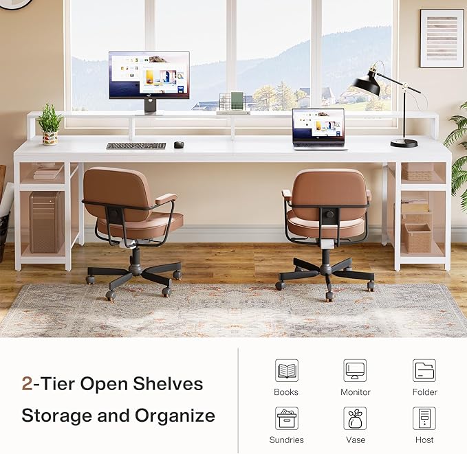 Tribesigns 78.74 Inches Extra Long Two-Person Desk Double Computer Desk with Monitor Stand and Storage Shelves Study Work Table for Home Office (White)