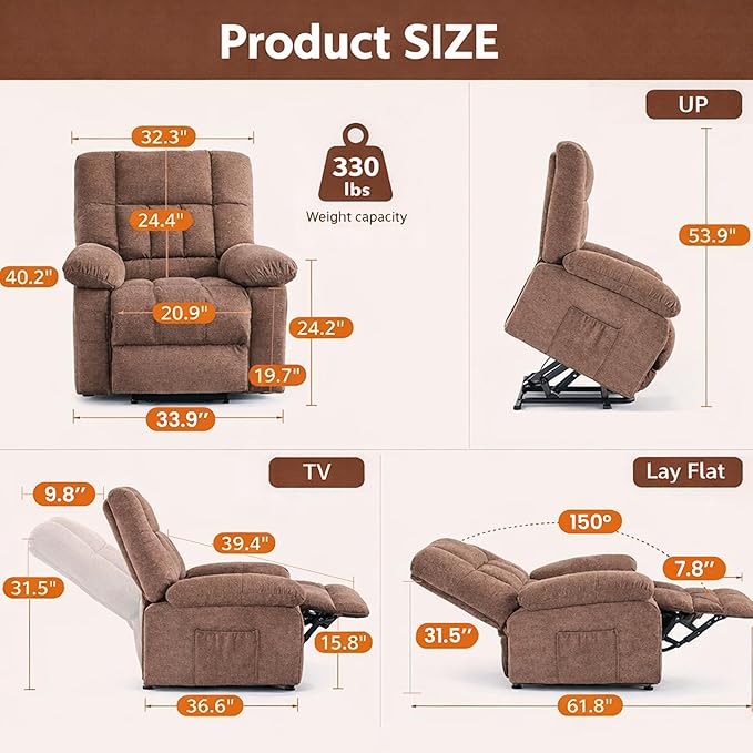 HealSmart Power Lift Recliner Chair with Massage &amp Heat Overstuffed Fabric Reclining Chair with Remote Side Pockets for Living Room &amp Bedroom Brown
