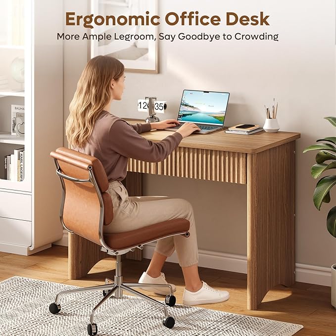 Bestier 40 Inch Fluted Wood Computer Desk with Drawers Modern Home Office Desk Compact Writing Desk Laptop PC Desk for Bedroom Studio Study Room Small Space &amp Dorm