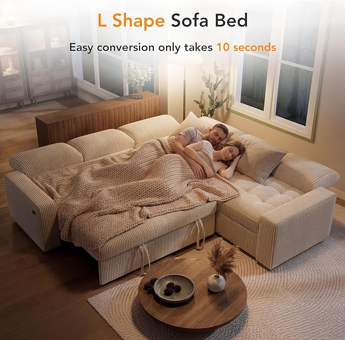 Vipbear Pull Out Sofa Bed Sectional Sleeper Sofa with Reclining Backrest &amp Storage Plush Pullout Modular Sectional Couches with USB Charging L Shaped Convertible Couch Bed for Apartment Beige |
