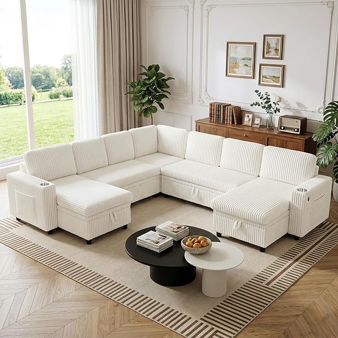 Modular Sectional Sleeper Sofa with Pull Out Bed Plush Corduroy L Shaped Couch with Storage Chaise USB Ports Cup Holders Comfy Cloud Couches for Living Room White