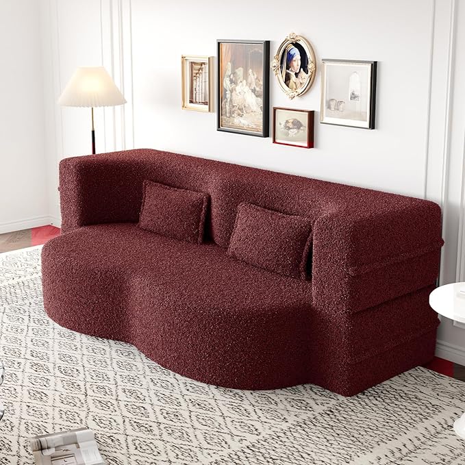 Newfun 78 Convertible Sofa Bed 2 in 1 Folding Couch Bed Futon Sofa Bed with Two Pillows Loveseat Sofa for Living Room Bedroom Lounge Compressed Modern Sofa No Assembly Required (Burgundy)