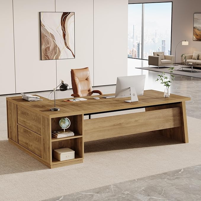 Tribesigns 77.9-inch Executive Desk with 2 Drawers Large L Shaped Computer Desk with Storage Cabinet and Shelves Business Furniture Workstation for Home Office (Light Brown)