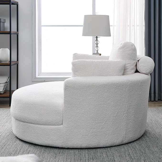Oversized Swivel Accent Round Chair Modern Upholstered Sofa with Pillows Cozy Leisure Chair for Living Room Bedroom Home Office Club (Teddy Ivory)