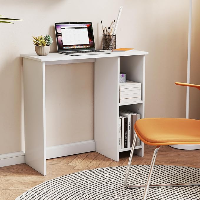 White Computer Desk Modern Writing Desk with Storage Shelves Compact Gaming Table Wood Home Office Desks Small Desk for Bedroom Living Room Study (White)