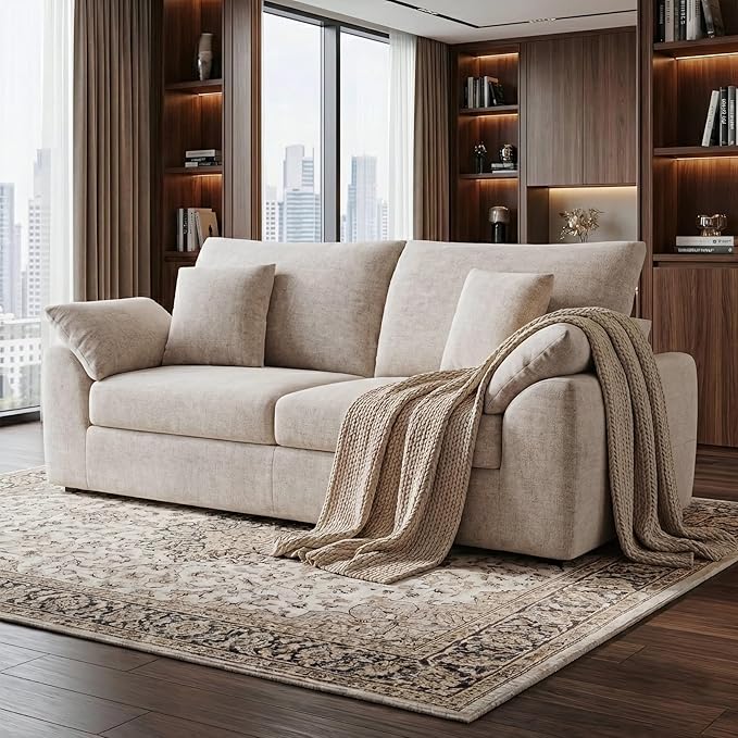 89.8 Modern Loveseat Sofa for Living Room Cloud Boneless Couches with 4 Pillows Mid Century Loveseat couches for Small Place No Assembly Required Camel