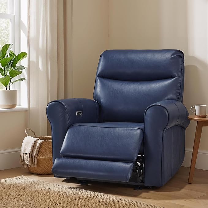 MCombo Power Wall Hugger Recliner Chair for Small Space RV Living Room USB &amp USB-C Charging Ports Modern Rolled Arm Recliner Faux Leather PR630 (Navy Blue Medium)