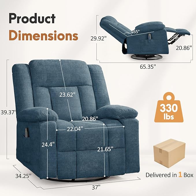Rocker Recliner Chair for Adults 360° Swivel Rocker Recliner with Massage and Heating Nursery Rocking Chairs with Side Pockets Manual Reclining Chair for Living Room Bedroom or Nursery