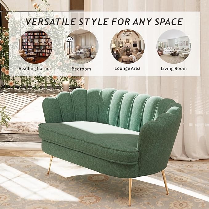59'' Loveseat Sofa Modern Chenille 2-Seater Sofa with Golden Legs Comfy Upholstered Shell Accent Couch for Studio Living Room Store Office (Green).