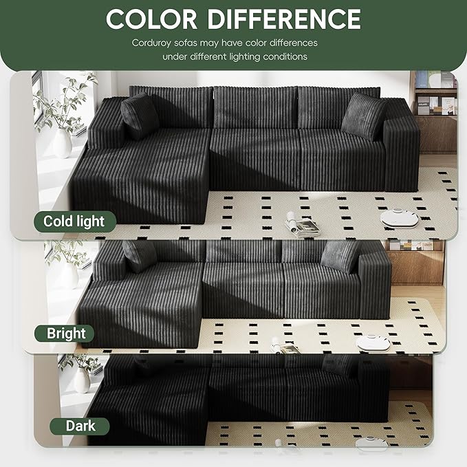 110 Modular Sectional Couch with L-Shaped Chaise Cloud Sectional Couch with Deep Seat Corduroy Sofa for Living Room Bedroom No Assembly Required (Left Facing Chaise) Charcoal Black