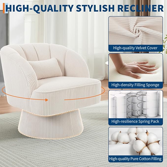 GarveeHome Modern Swivel Barrel Accent Chair 360° Velvet Upholstered Armchair with Striped Backrest &amp Plush Padding Comfy Round Lounge Chair (2 Beige + Corduroy)