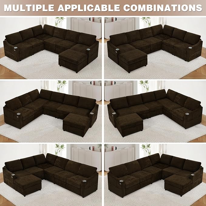 116 Chenille Modular Sofa Bed w/Adjustable Backrests U-Shape Sleeper Sofa w/USB Ports &amp Storage Space Convertible Corner Sectional Couch w/Pull Out Bed for House Living Room Brown