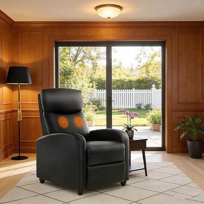 HealSmart Push-Back Massage Reclining Chair Adjustable PU Leather Lounge Seat Comfortable Single Seater for Living Room Bedroom &amp Home Theater Black