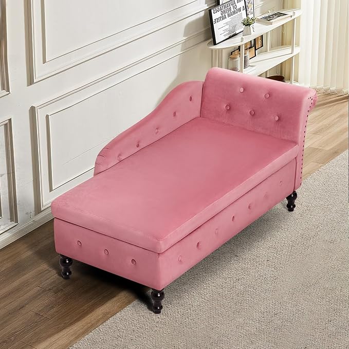 Upholstered Chaise Lounge with Right Armrest &amp Lumbar PillowButton Tufted Lounge Sofa with StorageLounge Chair IndoorModern Velvet Lounge Chair for Bedroom Living Room and OfficePink