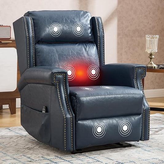 Manual Recliner Chair Faux Leather Push Back Recliners with Vibration Massage Lumbar Heat Living Room Single Sofa Reclining Rivet Design Chair Blue