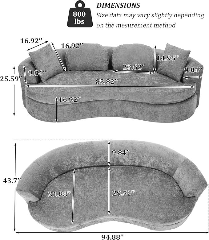 95” Modern Curved Sofa Chenille Fabric Comfy Cloud Couch No Assembly Required Half Moon Couch with Deep Seat 4 Pillows for Living Room Apartment Bedroom
