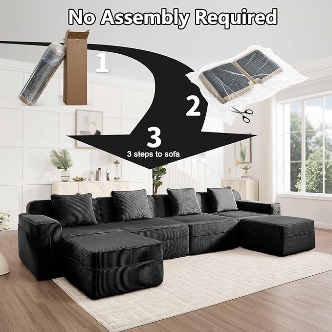 Modular Sectional Cloud Couch 153.5'' Boneless Couch Sofa with Deep Seat Corduroy Modern Sofa for Living Room No Assembly U-Shaped Black