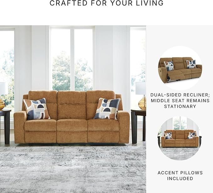 Signature Design by Ashley Kanlow Contemporary Manual Reclining Sofa with 2 Accent Pillows Light Brown