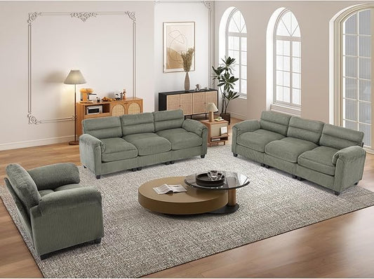 Corduroy Sofa Set Upholstered Armchair and 3-Seater Sofa Sofa Set of 2 with Plush Cushions and Rolled Arms Modern Living Room Furniture SetsBrown
