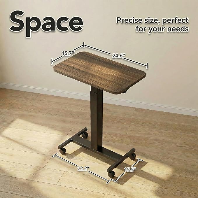 HUANUO Small Rolling Laptop Standing Desk Height Adjustable Mobile T-Base Desk with Lockable Casters Portable Sit-Stand Workstation for Bedside &amp Sofa Walnut