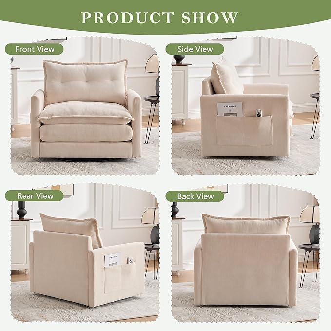 cinkehome Oversized Swivel Chair 36 Swivel Armchair Accent Chair for Living Room Mid Century Modern Thick Padded Arm Chairs Memory Foam Chenille Beige