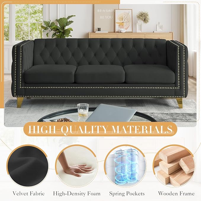 Chesterfield SofaVelvet 3 Seater Modern Couch with Button Tufted &amp Nailhead Trim Upholstered Deep Seat Couch Oversized Comfy Sofa for Living Room Bedroom Apartment Office(80.5W Black)