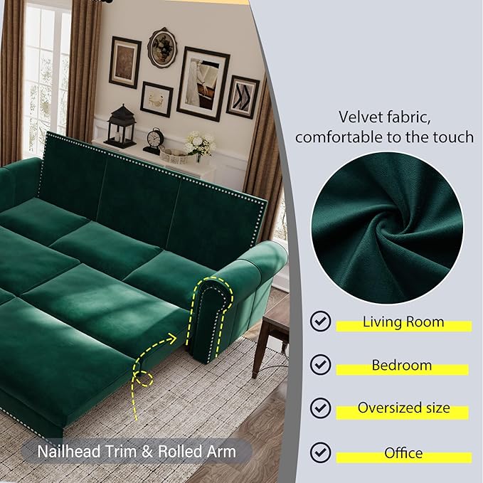Ball &amp Cast 3-in-1 Convertible Sofa Bed93.7 Velvet Pull Out Couch Bed King Size Loveseat Sleeper Sofa with Nailhead Trim &amp Rolled ArmMulti-Functional Sofa Couches for Living RoomGreen