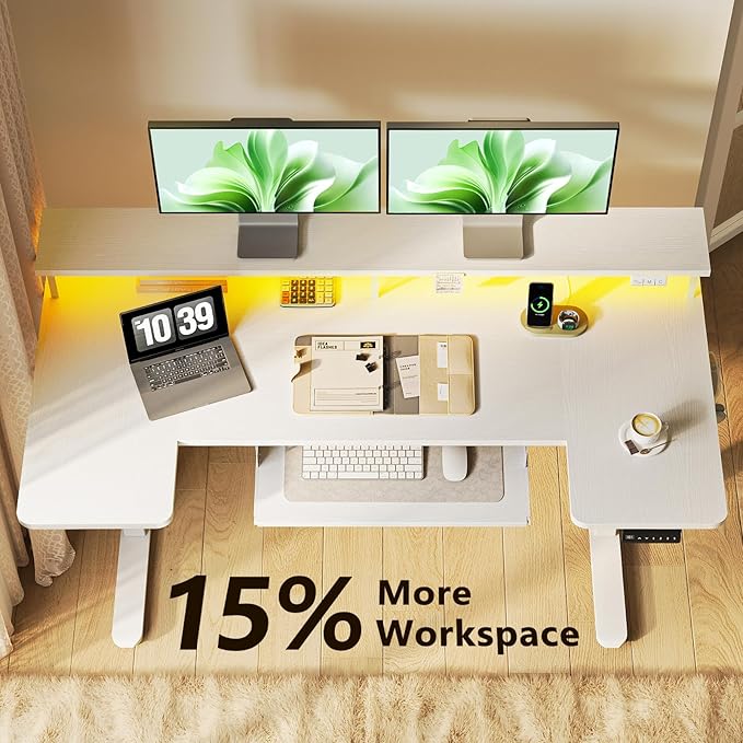 OffiGo U Shaped Electric Standing Desk with Keyboard Tray 55 Inch Height Adjustable Desk with Power Outlets &amp LED Lights Sit Stand Table with Monitor Stand for Home Office White