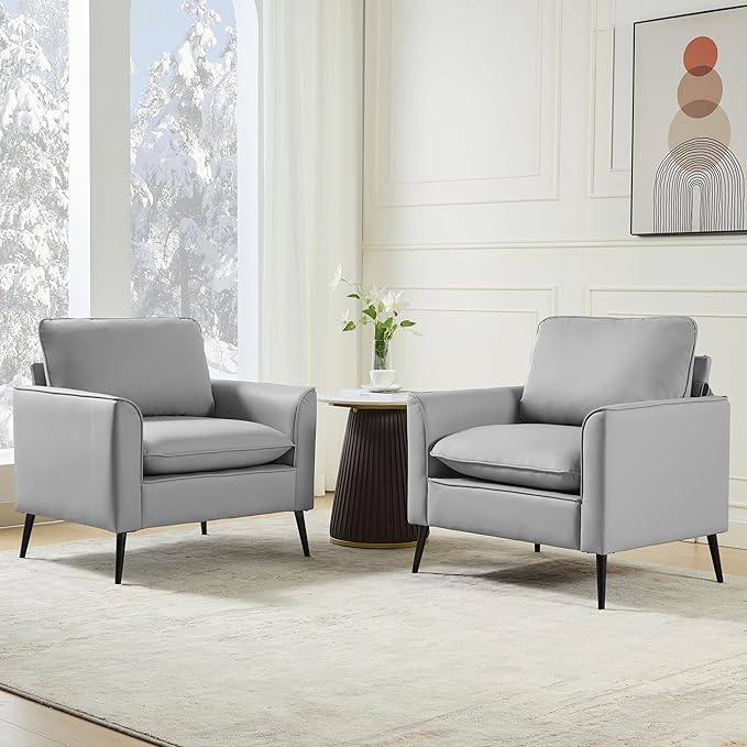 TYBOATLE Accent Chair Set of 2 Grey Leather Accent Chair Comfy Living Room Chair Cozy Reading Sitting Chair Mid Century Modern Accent Chairs Arm Reception Chairs Office Furniture