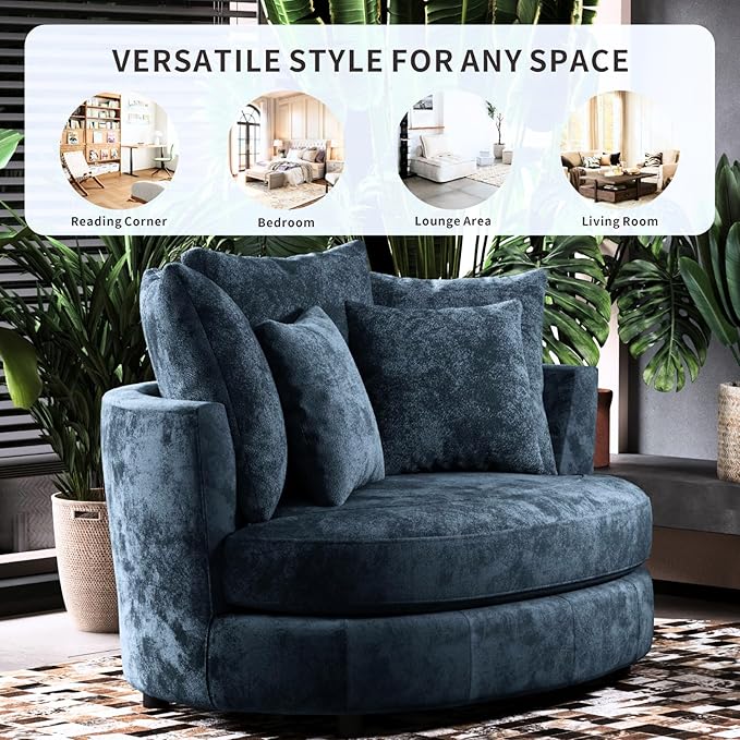 54.9''W Oversized Accent Barrel Chair Chenille Upholstered Comfy Couch Sofa with 5 Pillows for Living Room Apartment Bedroom (Navy Blue).