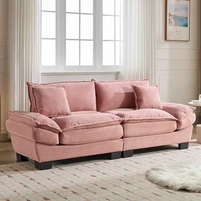Modern 84 Corduroy Loveseat Sofa Ultra-Comfy Couch with 2 Pillows for Apartment Living Room Bedroom Home Office (Pink)