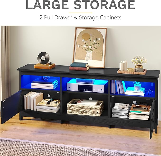 DWVO Farmhouse TV Stand with Power Outlets &amp LED Lights Entertainment Center for TVs up to 80 TV Console with Storage Cabinets &amp Open Shelves for Living Room (Black)