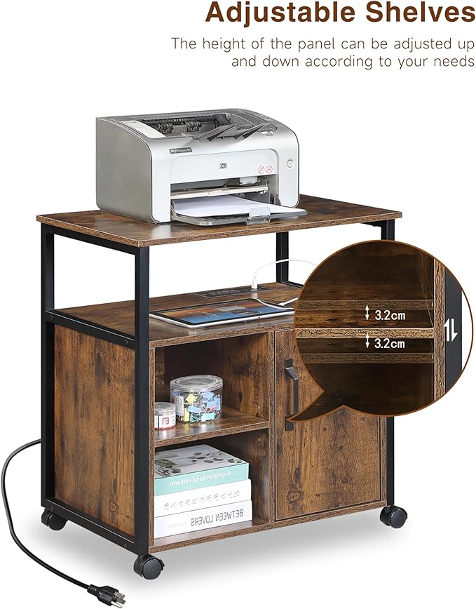 File Cabinet Office Filing Cabinets with Socket and USB Charging Port Printer Stand with Storage for A4 Letter Size Metal Side Frame for Home Office