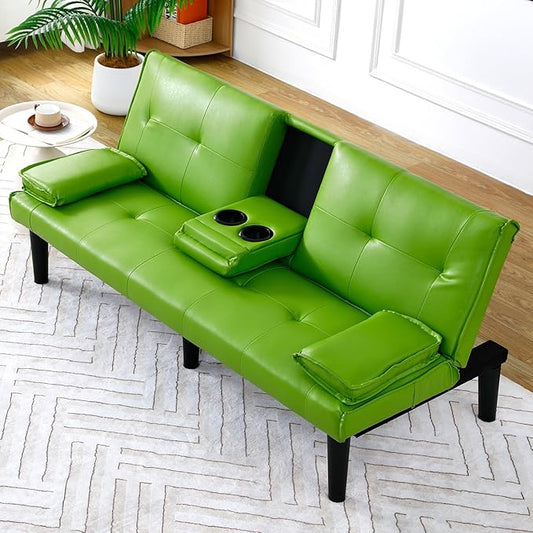 Futon Sofa Bed PU Leather Modern Convertible Futon Couch with Removable Armrests Cup Holders Loveseat Sleeper Sofa Bed for Living Room Apartment Small Spaces (Green)