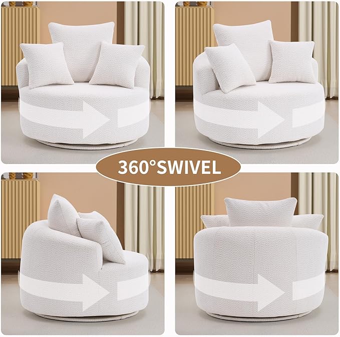 40” White Round Swivel Chair with 3 Pillows &amp Thick Cushion Oversized 360° Swivel Accent Chair Modern Boucle Armchair for Nursery Living Room Bedroom Club