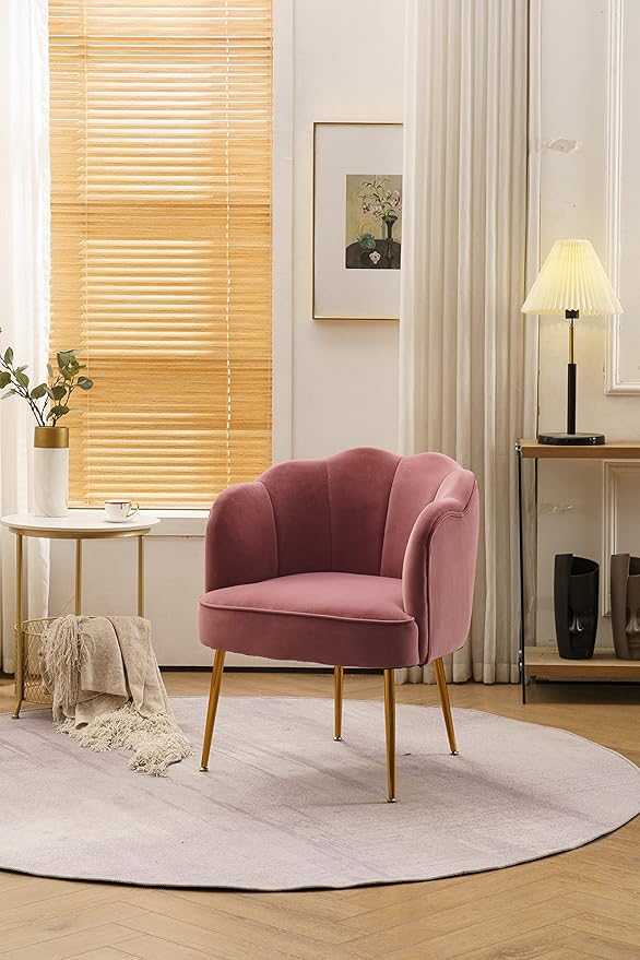Shell Shape Velvet Fabric Armchair Accent Chair with Gold Legs for Living Room BedroomPink