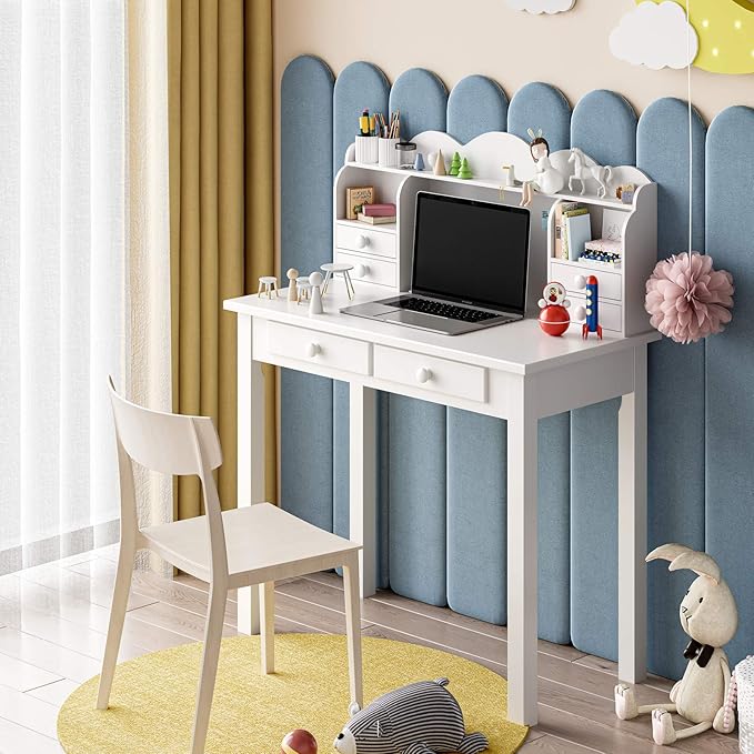 ADORNEVE Small White Writing Desk with Hutch and USB Ports 31.5 inch Home Office Desk with Drawers Study Table for Kids/Student Makeup Dressing Table Save Space Gifts