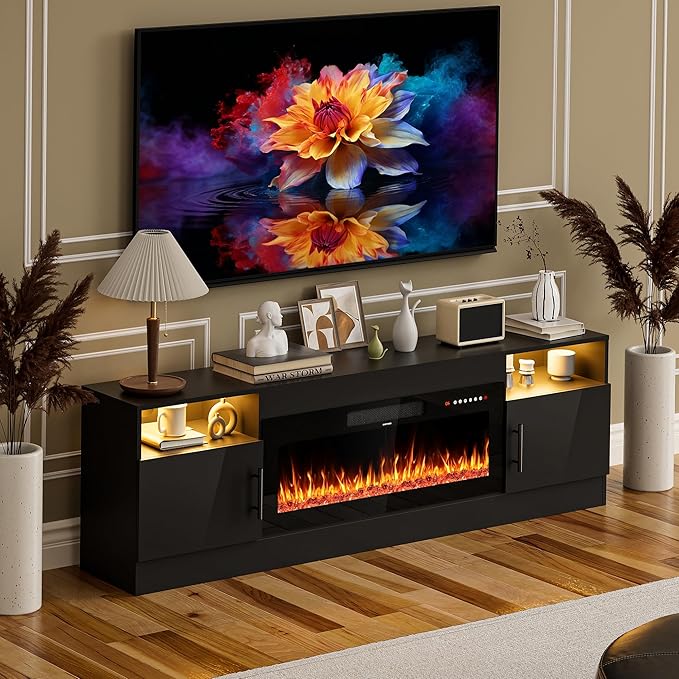 AHB Fireplace TV Stand LED Light Entertainment Center with 36 Electric Fireplace Storage Cabinet and Door Handles Media Console Table for TVs Up to 80 Inches for Living Room 70 Inches (Black)