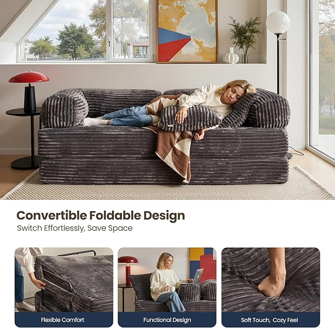 4-in-1 Folding Convertible Sleeper Sofa Bed81 Plush Corduroy Boneless Couch Pull Out BedsLoveseat Floor Futon for Small Spaces Living Room Bedroom ApartmentGrey