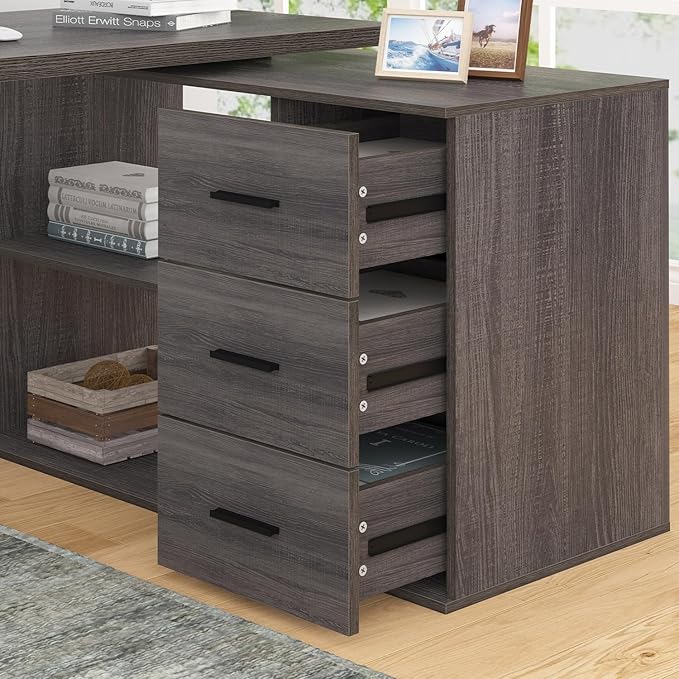HSH L Shaped Computer Desk with Drawers L Shaped Desk with Storage Cabinet Shelves Large Reversible Corner Executive Home Office Desk Industrial Wood Work Writing Study Table WorkstationGray 60 In