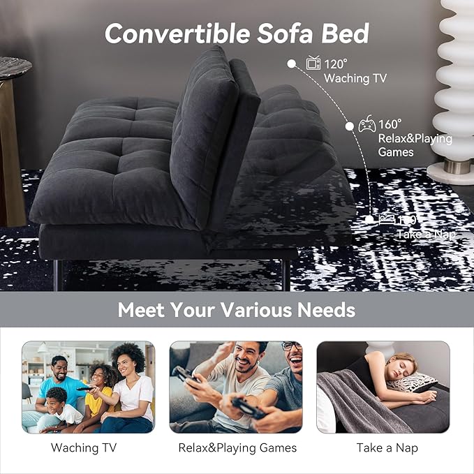 Hcore Polyester Memory Foam Convertible Futon Sofa Bed Small Splitback Loveseat 68 L x 32.3 W x 30.7 H Black