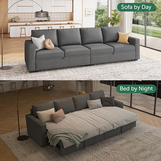 HONBAY Modular Sectional Sleeper Sofa Bed with Pull Out Bed Linen Convertible Sectional Couches for Living Room - Dark Grey