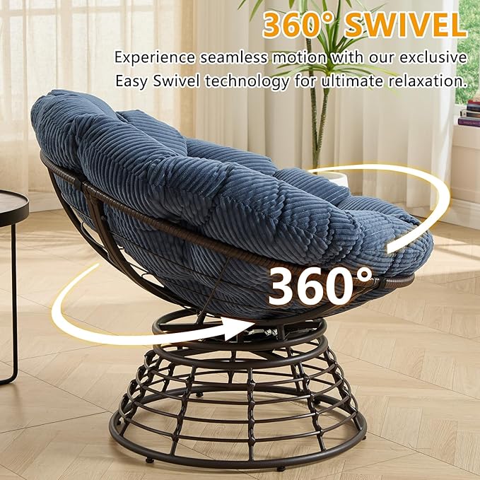 36” Papasan Chair with Cushion and Frame Oversized Papasan Chairs 360° Swivel Olefin Adjustable Feet Suitable for Living Room Patio Bedroom Indoor/Outdoor (Navy Blue)