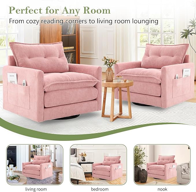 cinkehome Oversized Swivel Chair 36 Swivel Armchair Accent Chair for Living Room Mid Century Modern Thick Padded Arm Chairs Memory Foam Chenille Fabric