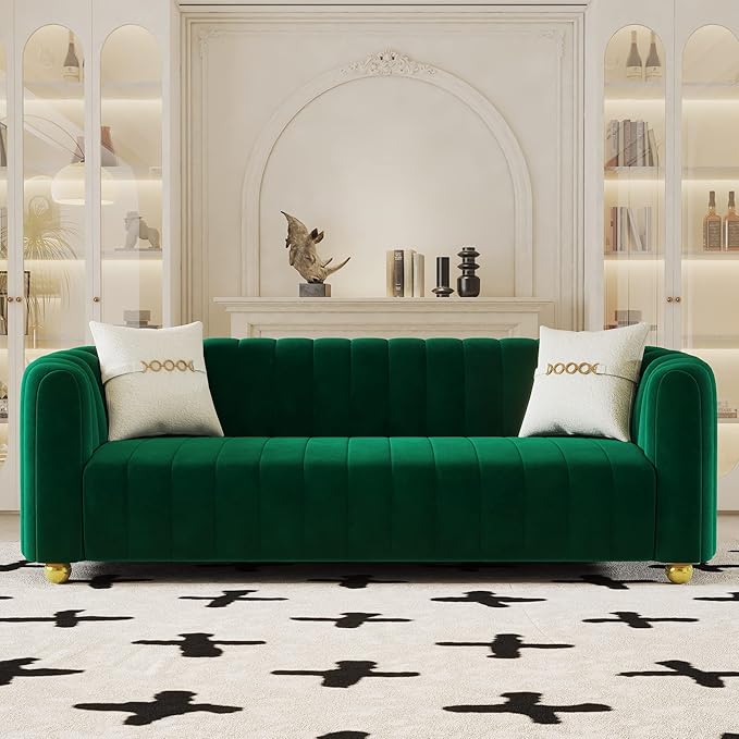 Mid-Century Modern Sofa for Living Room 84 Green Luxury Velvet Loveseat Sofa Couch Sectional Love Seat Sofa Couch with Gold Legs Upholstered Sofa for Apartment Bedroom Home Office