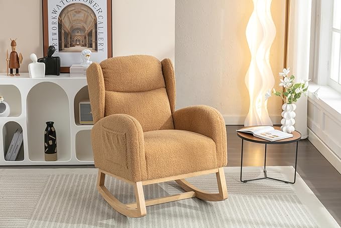 Khaki Teddy Rocking Chair Comfortable Single Sofa Chair for Living Room Bedroom 300 Lbs Capacity Easy Assembly