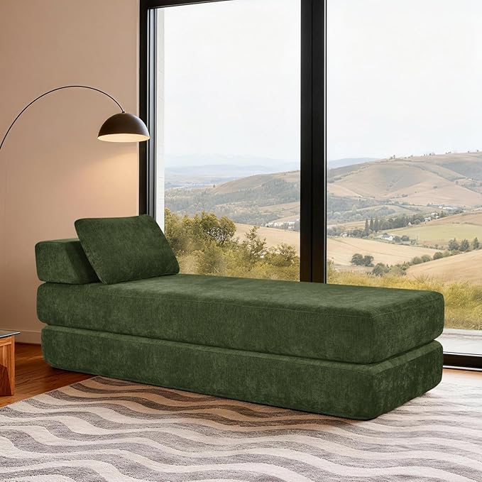 2-in-1 Daybed Sofa Chair Bed with Lumbar Pillow Queen Size Sofa Bed Chaise Lounge Chair Queen Sleeper Chairs Comfy Floor Couch for Living Room Bedroom Office Study (Chenille Green)