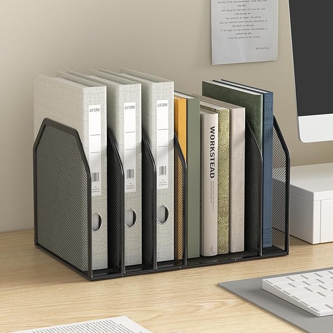 Metal 7-Section File Folder Organizer for Desk | Vertical Office File Holder | Heavy-Duty Mesh Document Sorter for Books Binders Laptops | Black Desk Organizer (12.8”x8.5”x7.9”)