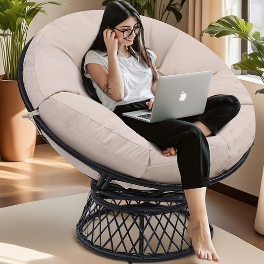 46 Giant Oversized Ergonomic Rattan Papasan Chair with Soft Thick Cushion for Adults Fluid 360° Swivel Waterproof Black Frame with Beige Cushion